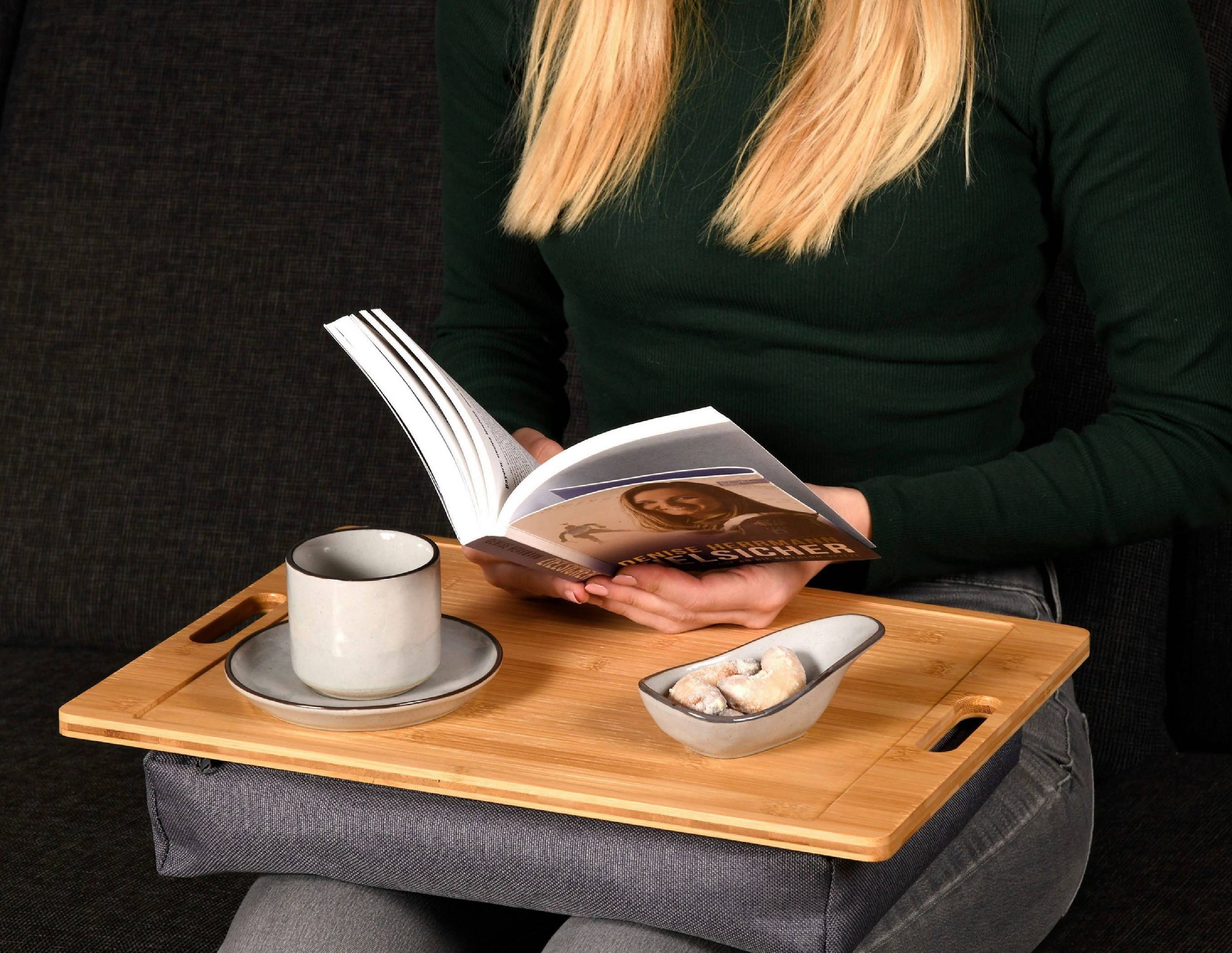 Neustanlo | Knietablett aus Holz | mit Griffen | gepolstert für hohe Stabilität | Bambus Textil | Maße: 45 x 31 cm/Höhe: 8 cm | ideal zum Essen,