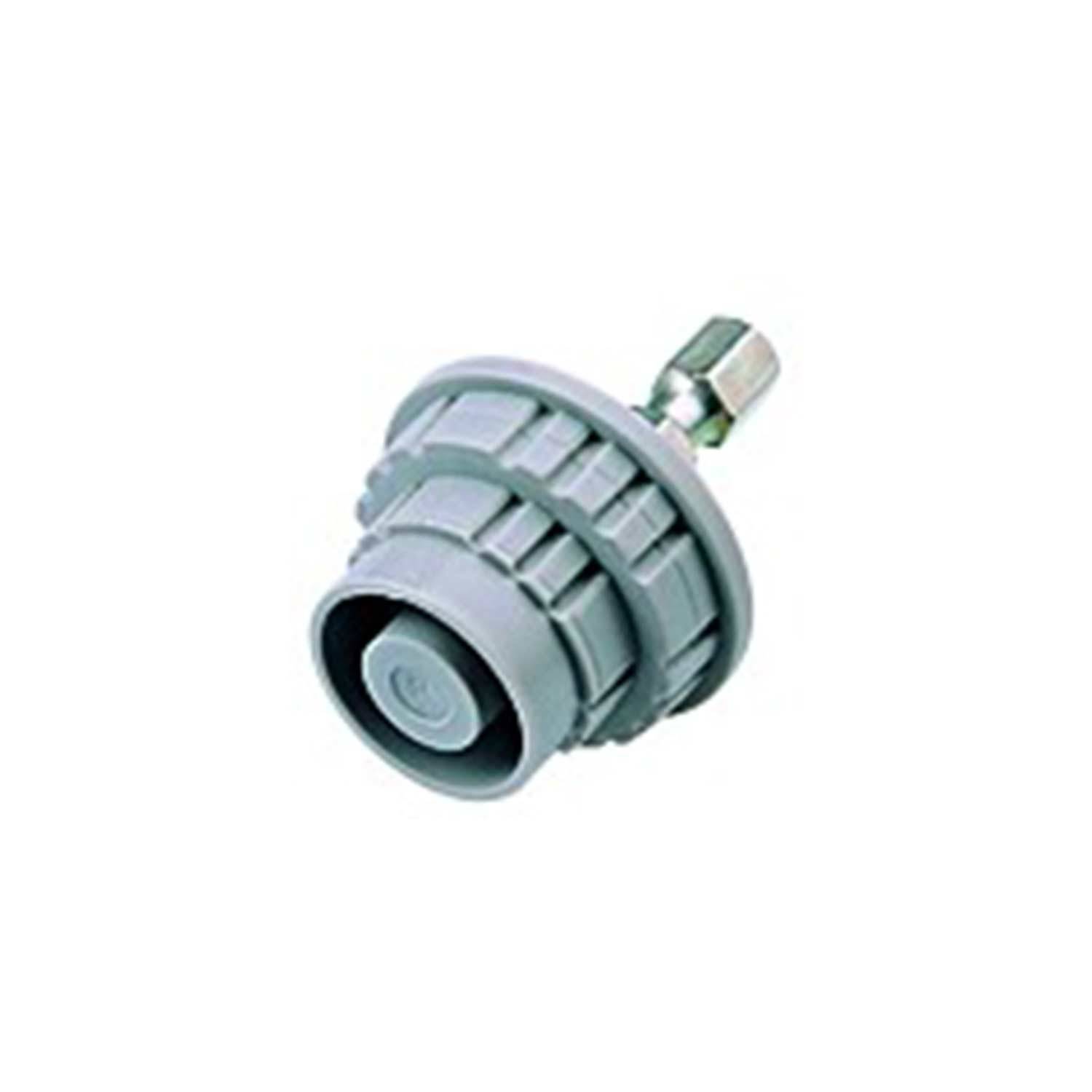 Eine graue Kunststoff-Gartenschlauchanschluss mit Gewindeanschlüssen und einer Metallmutter, die zum Verbinden von Schläuchen mit Wasserquellen verwendet wird.