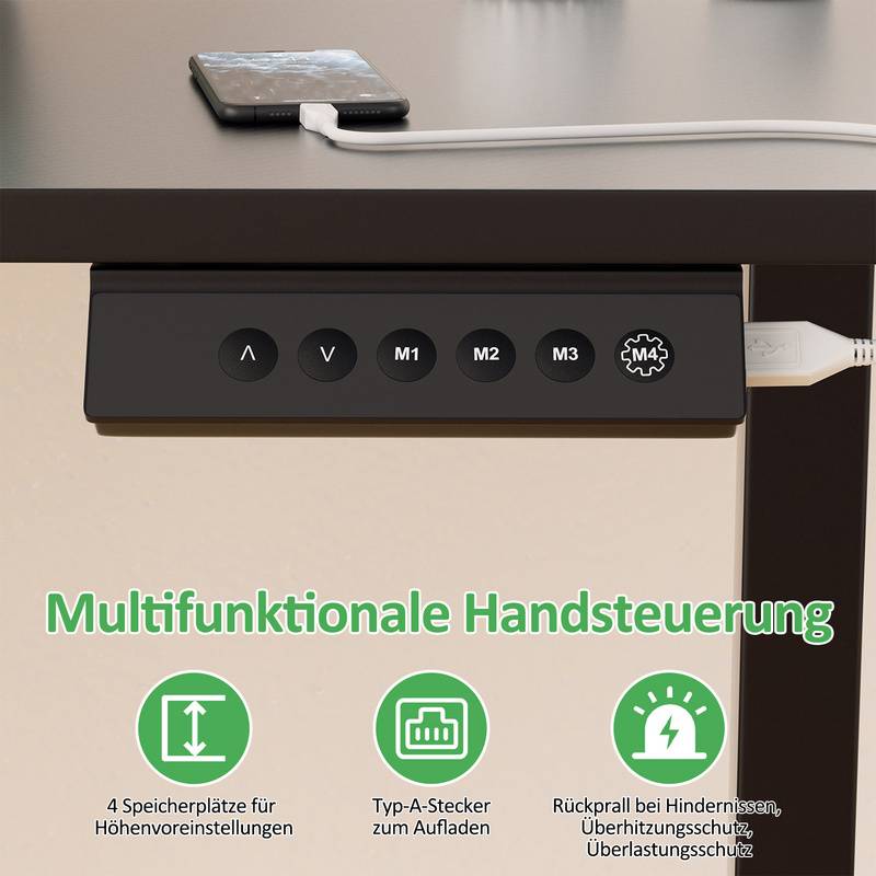 Schreibtisch 120 x 60 cm, Elektrisch höhenverstellbarer Schreibtisch, mit Memory-Funktion und Anti-Kollisions Technologie mit Memory-Steuerung