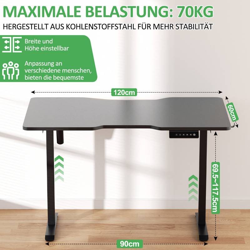 Schreibtisch 120 x 60 cm, Elektrisch höhenverstellbarer Schreibtisch, mit Memory-Funktion und Anti-Kollisions Technologie mit Memory-Steuerung