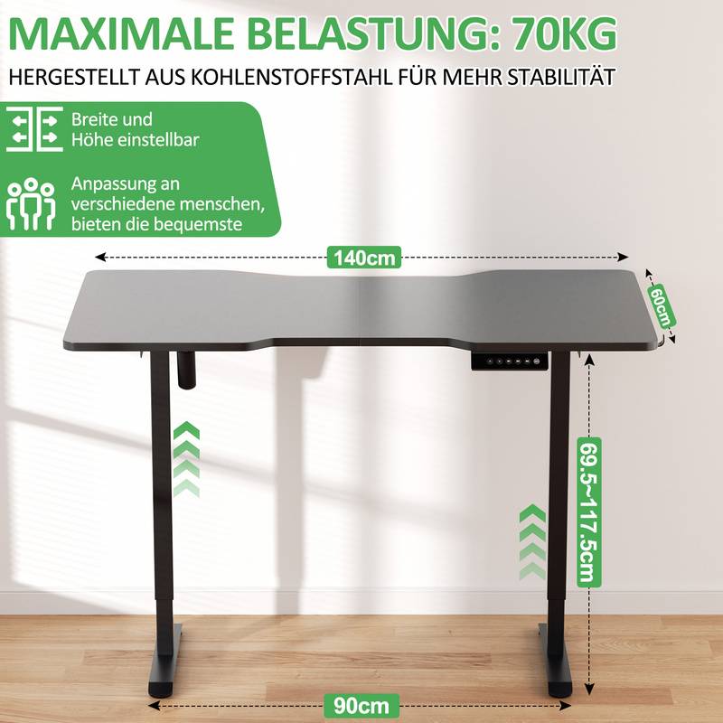 Höhenverstellbarer Schreibtisch mit Desktop 140x60cm Ergonomischer Tischplatte mit Memory-Steuerung Schwarz