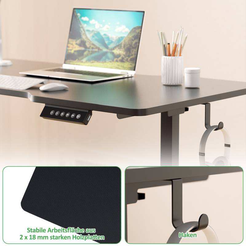 Höhenverstellbarer Schreibtisch mit Desktop 140x60cm Ergonomischer Tischplatte mit Memory-Steuerung Schwarz