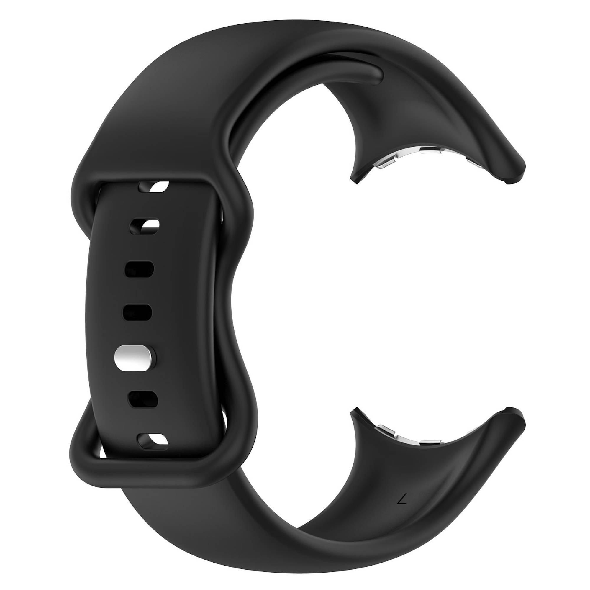 Schwarzes Smartwatch-ähnliches Silikonarmband mit gekrümmter offener Schließe, auf weißem Hintergrund dargestellt.