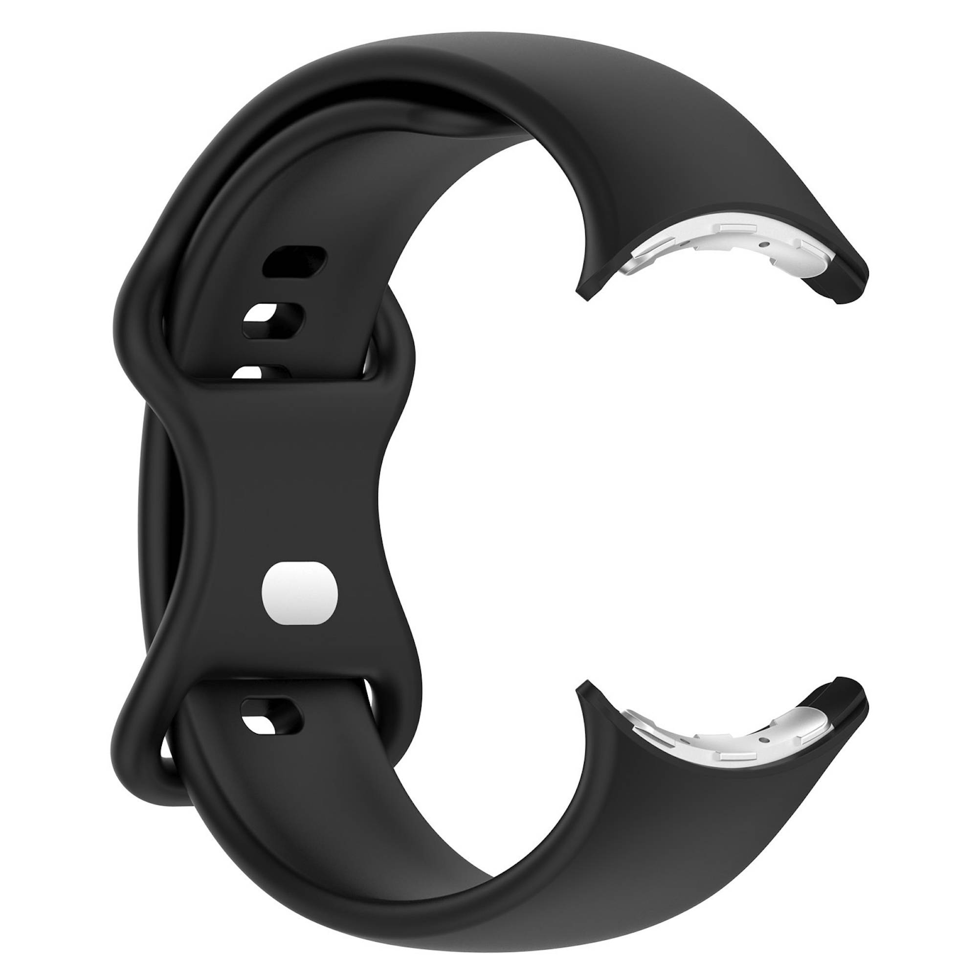 Schwarzes Smartwatch-Armband mit offenen C-förmigen Enden, isoliert auf weißem Hintergrund dargestellt.