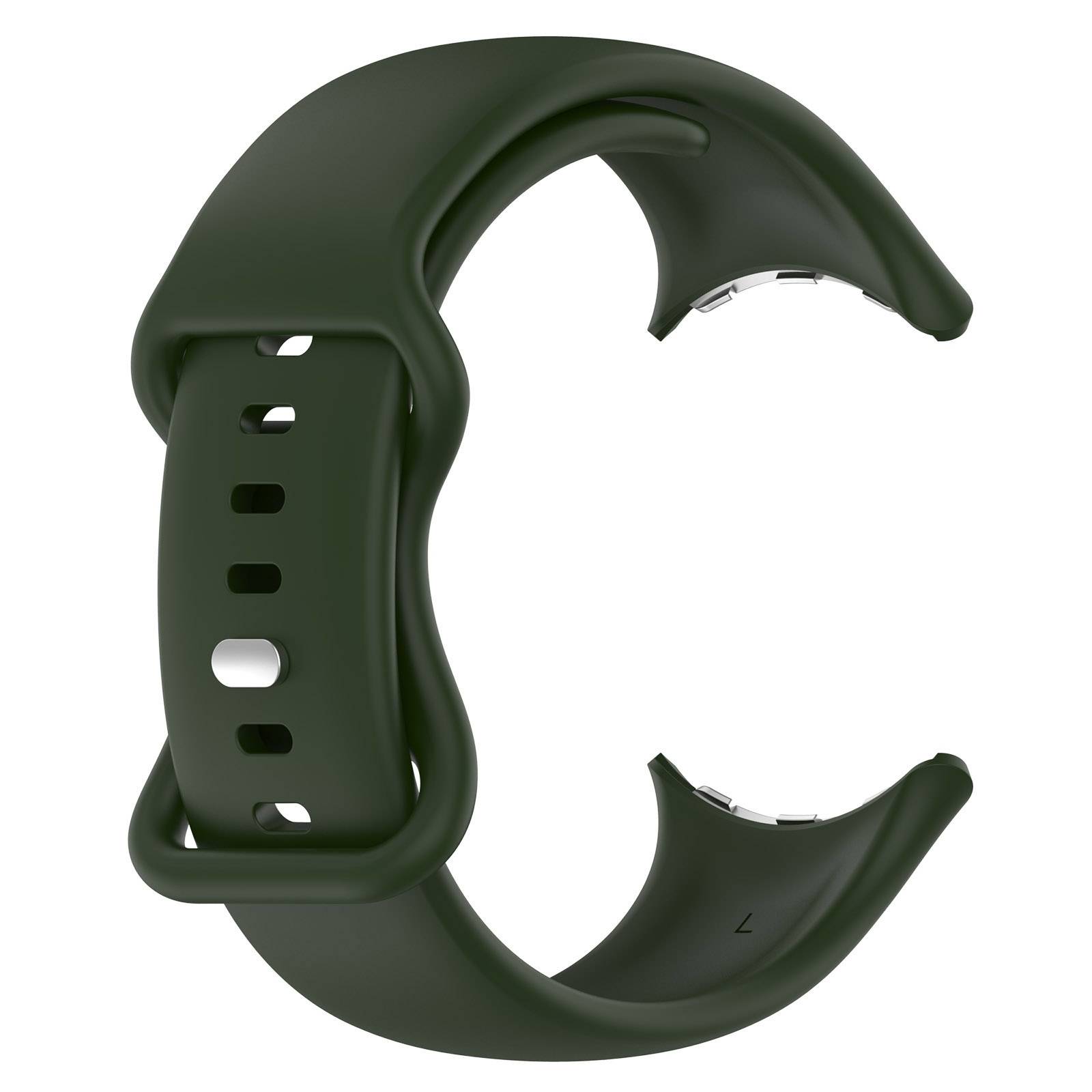Dunkelgrünes Smartwatch-Armband mit großer offener Mittelfläche und perforiertem Riemen, isoliert auf weißem Hintergrund dargestellt.