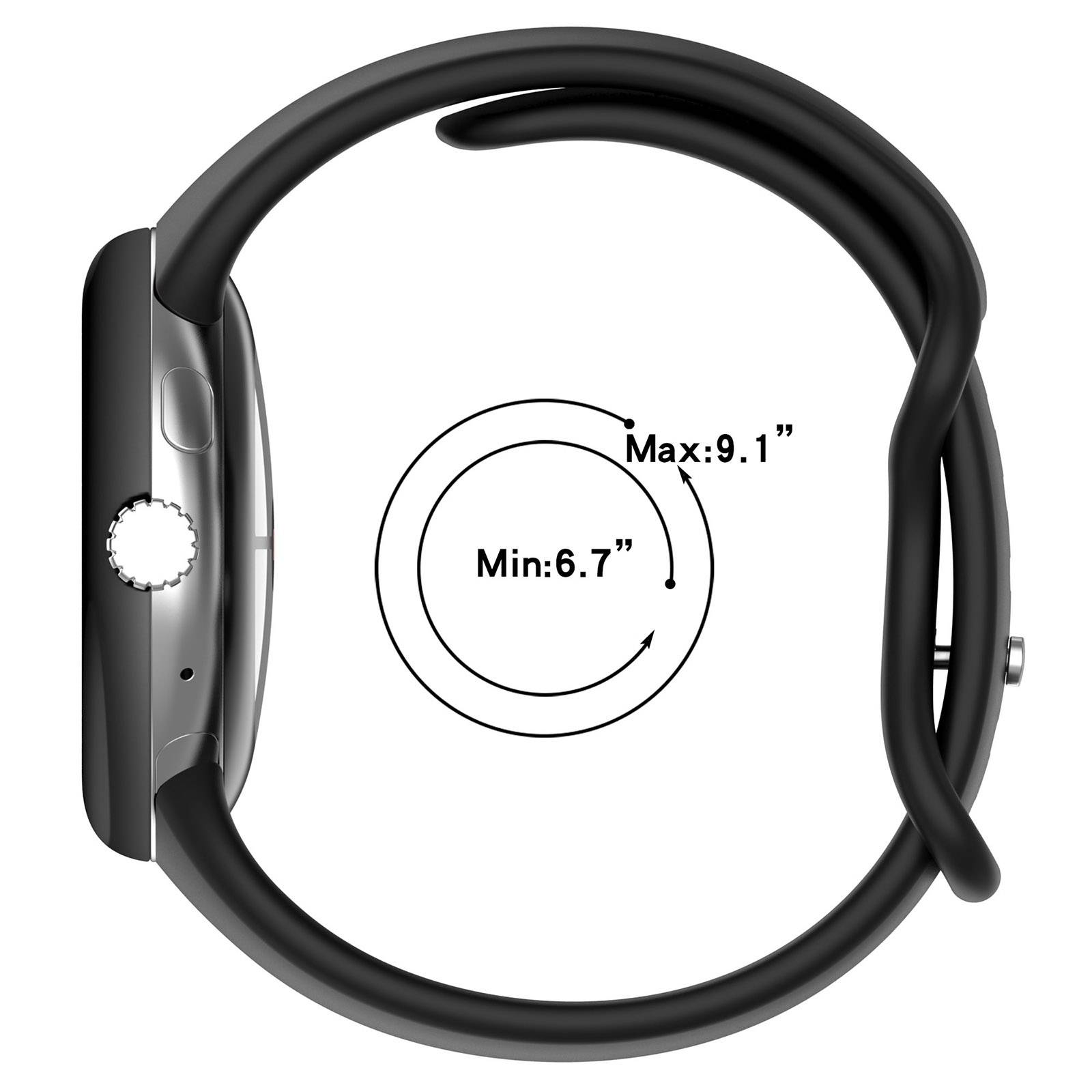 Seitenansicht eines schwarzen verstellbaren Uhrenarmband mit einem Diagramm, das den Handgelenkgrößenbereich von Min: 6,7