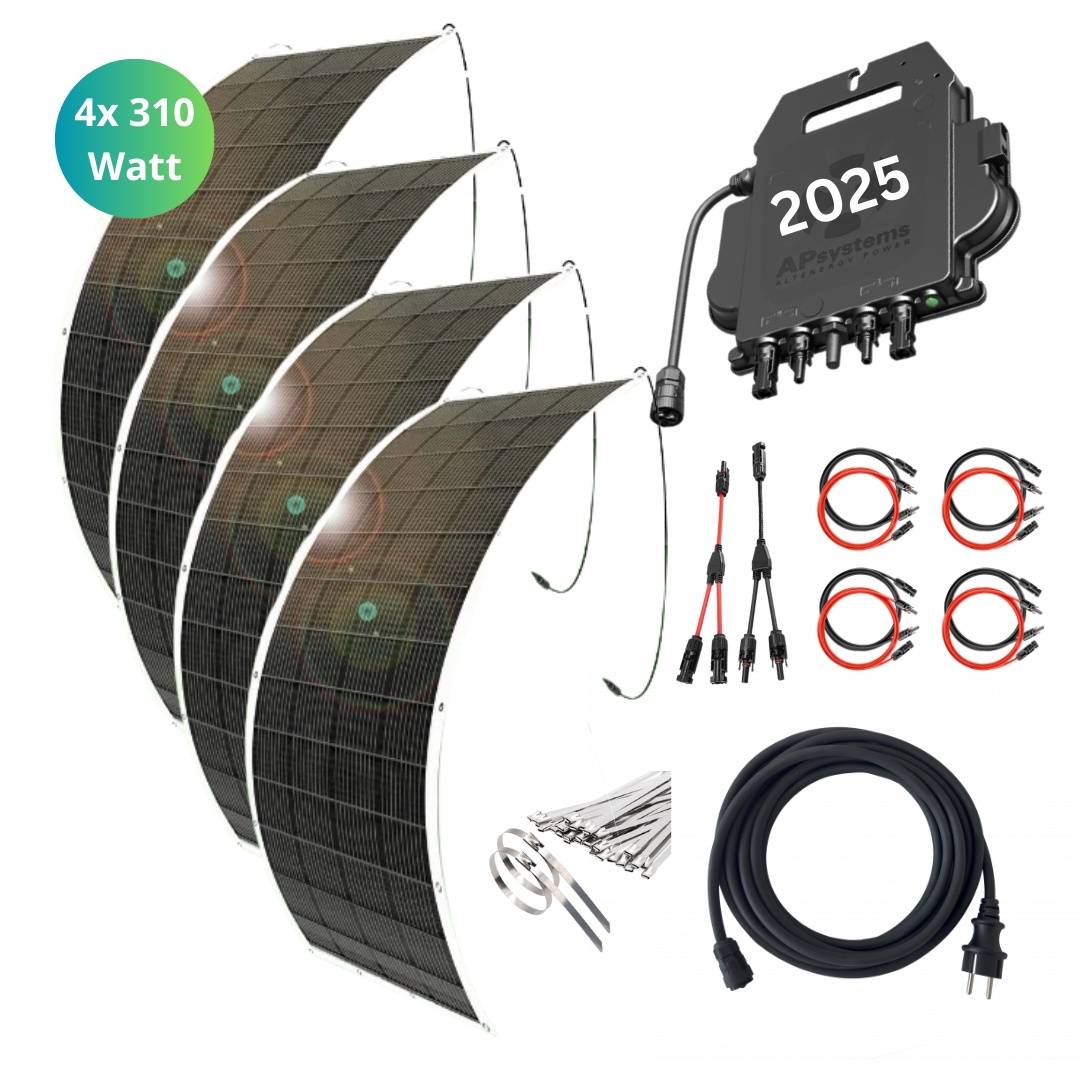 MyVoltaics® Balkonkraftwerk ultraleicht, MyUltraleicht 1240 Watt, 4 flexible Module je 5kg, APsystems WR 800 Watt WLAN, steckerfertig, 10m