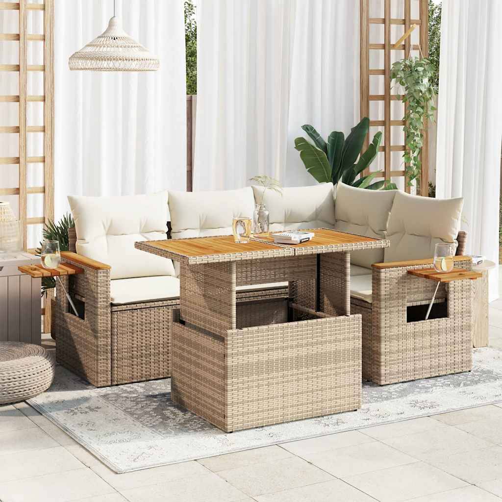 vidaXL 5-tlg. Garten-Sofagarnitur mit Kissen Beige Poly Rattan Akazie