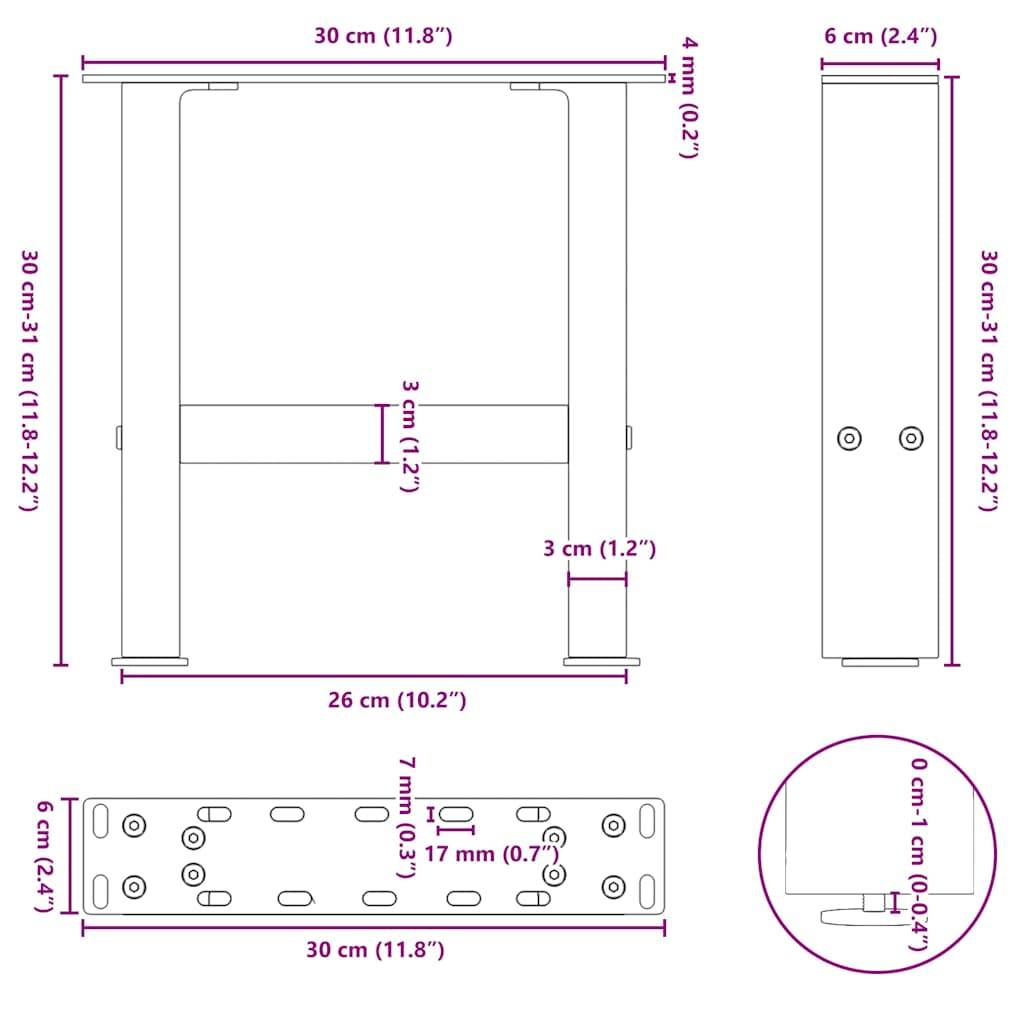 vidaXL Couchtischbeine Schwarz 2 Stk. 30x(30-31) cm Stahl