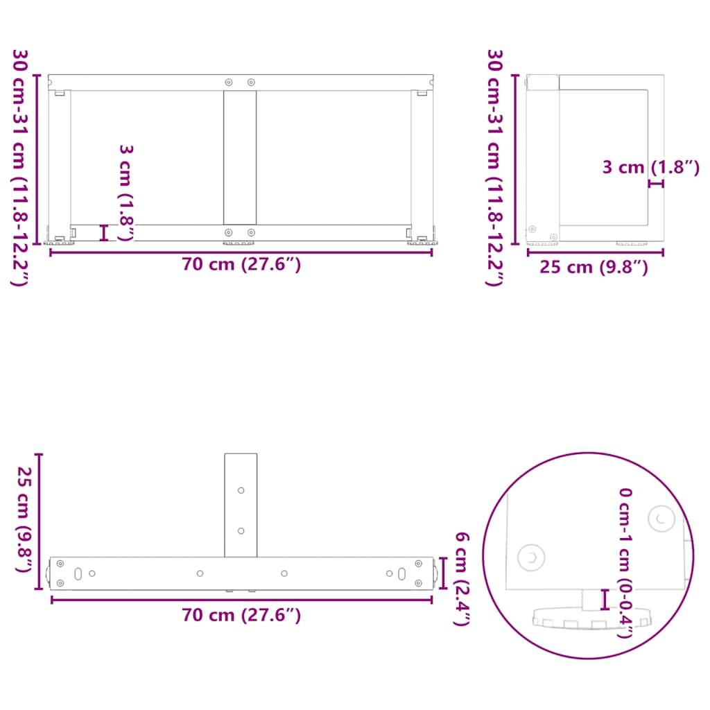 vidaXL Couchtischbeine T-Form 2 Stk. Naturstahl 70x25x(30-31) cm Stahl