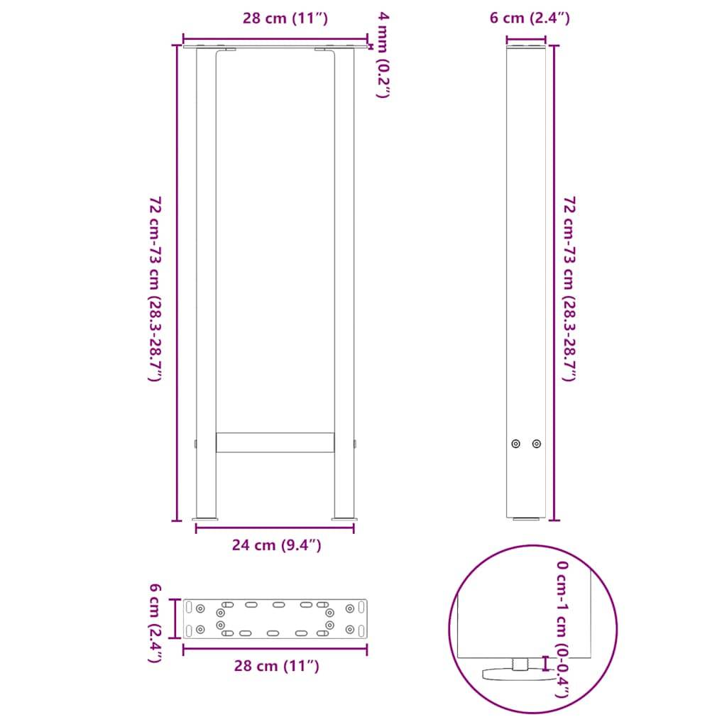vidaXL Konsolentischbeine Naturstahl 2 Stk. 28x(72-73) cm Stahl