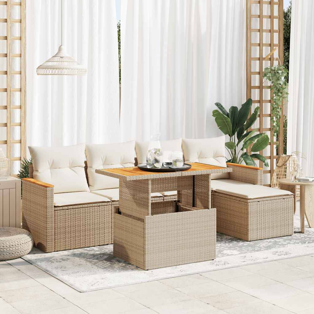 vidaXL 6-tlg. Garten-Sofagarnitur mit Kissen Beige Poly Rattan Akazie