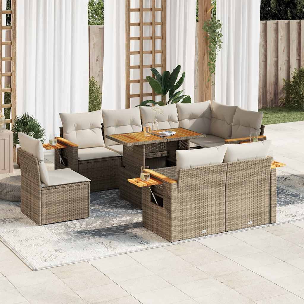 vidaXL 9-tlg. Garten-Sofagarnitur mit Kissen Beige Poly Rattan Akazie