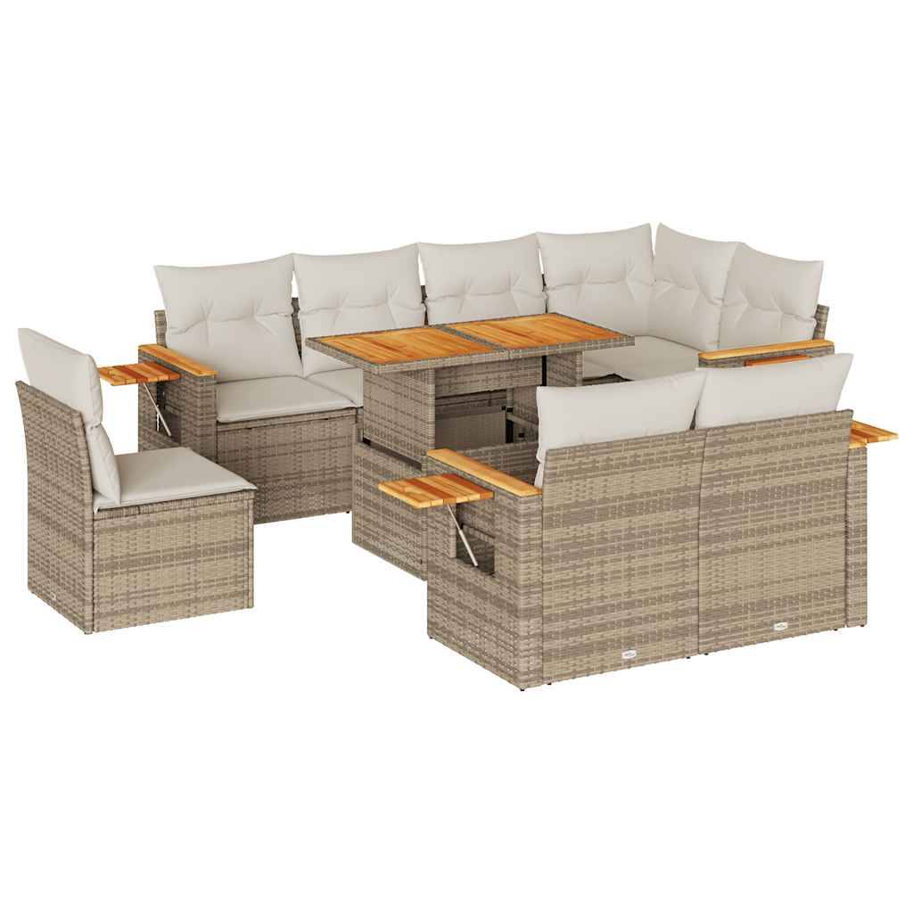 vidaXL 9-tlg. Garten-Sofagarnitur mit Kissen Beige Poly Rattan Akazie