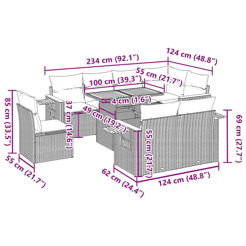 vidaXL 9-tlg. Garten-Sofagarnitur mit Kissen Beige Poly Rattan Akazie