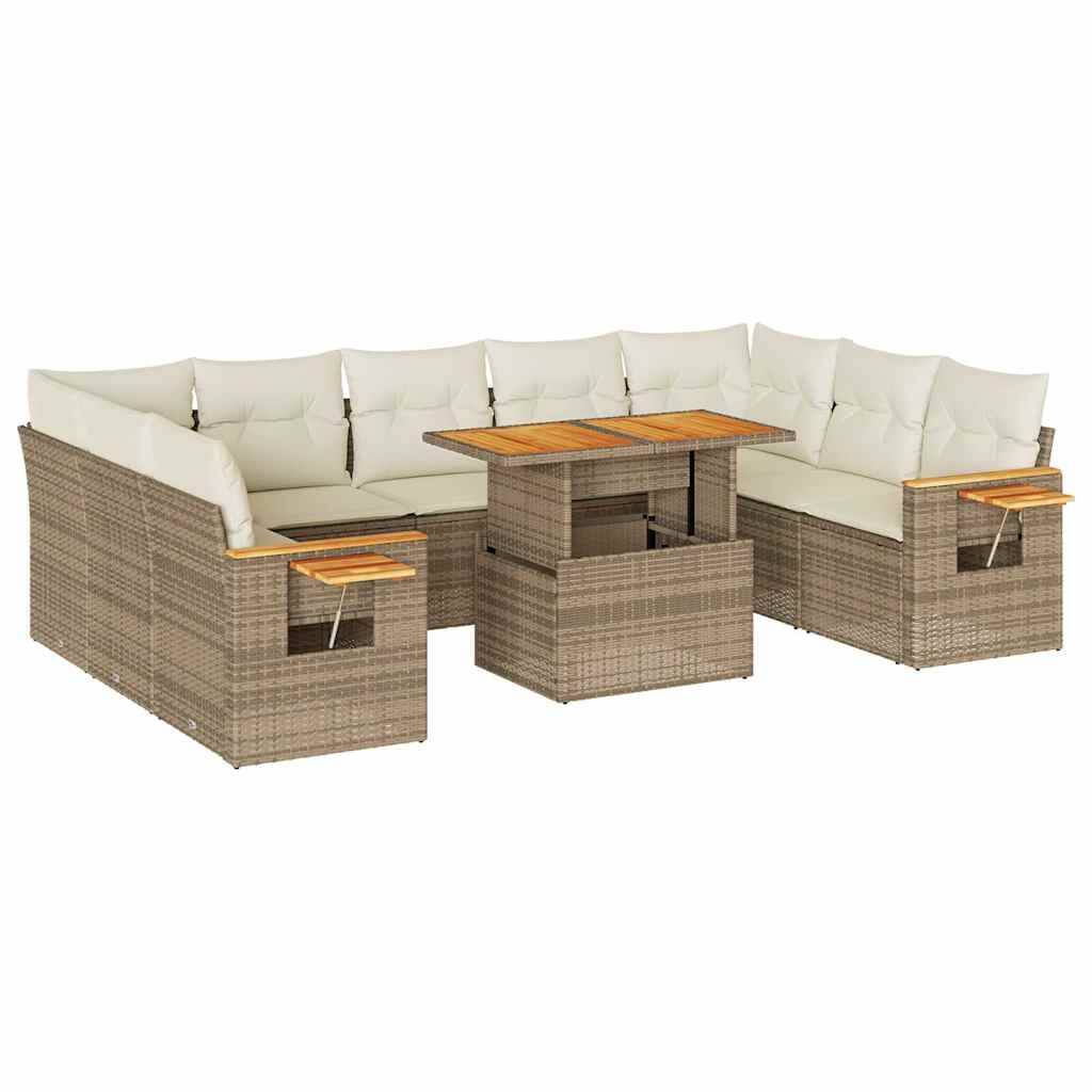 vidaXL 10-tlg. Garten-Sofagarnitur mit Kissen Beige Poly Rattan Akazie