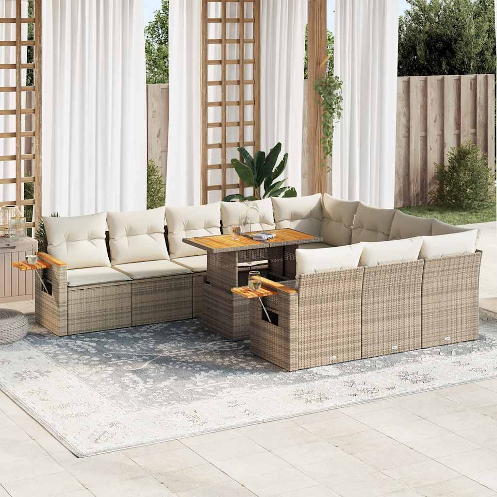 vidaXL 11-tlg. Garten-Sofagarnitur mit Kissen Beige Poly Rattan Akazie