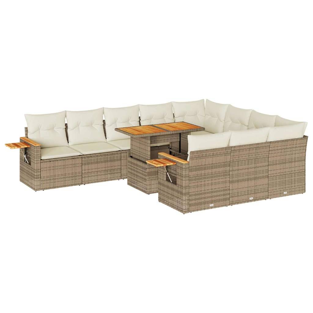 vidaXL 11-tlg. Garten-Sofagarnitur mit Kissen Beige Poly Rattan Akazie