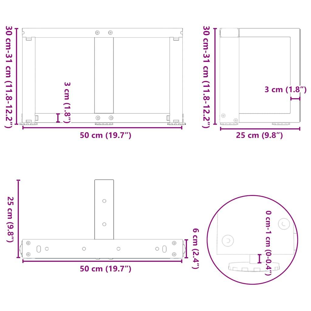 vidaXL Couchtischbeine T-Form 2 Stk. Weiß 50x25x(30-31) cm Stahl
