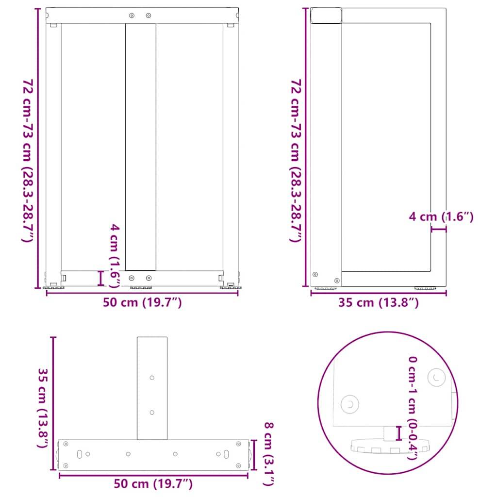 vidaXL Esstischbeine T-Form 2 Stk. Naturstahl 50x35x(72-73) cm Stahl