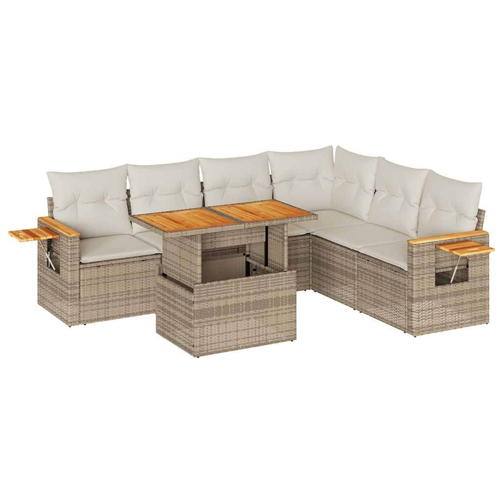 vidaXL 7-tlg. Garten-Sofagarnitur mit Kissen Beige Poly Rattan Akazie