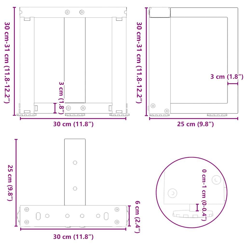 vidaXL Couchtischbeine T-Form 2 Stk. Schwarz 30x25x(30-31) cm Stahl