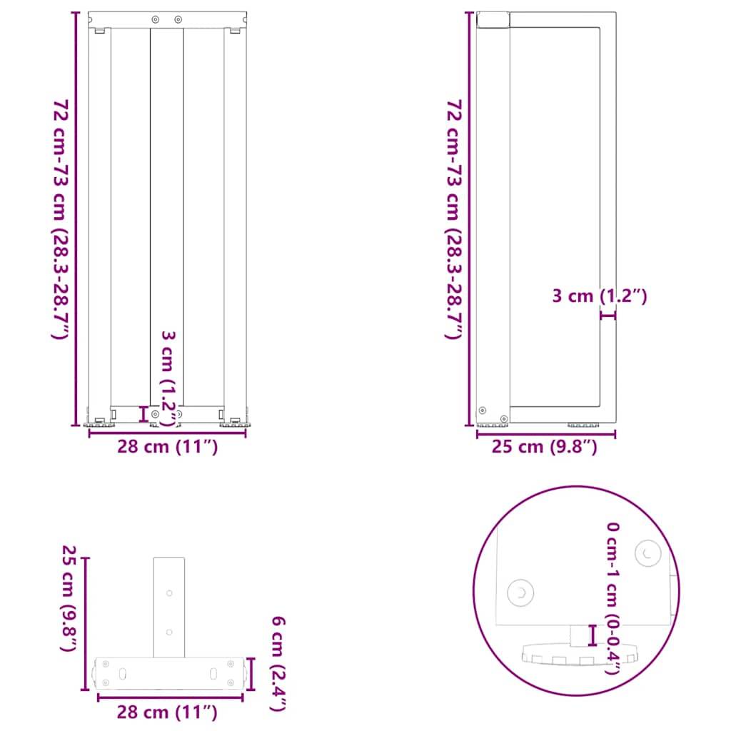 vidaXL Konsolentischbeine T-Form 2Stk. Anthrazit 25x28x(72-73)cm Stahl
