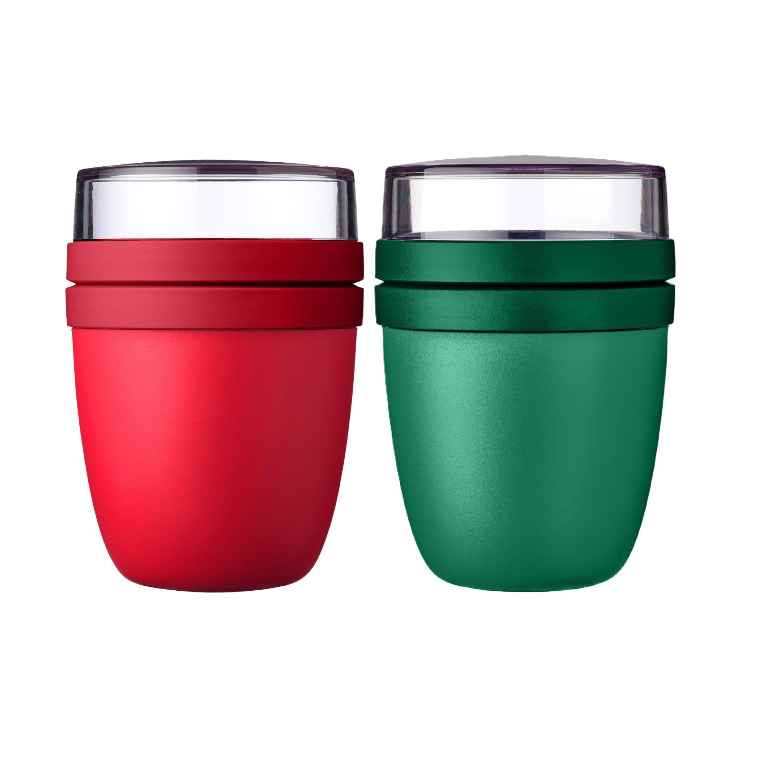 Mepal | Lunchpot Ellipse Mixed Mini | Campus Red + Vivid Green | Müslibecher to go | Unterteilung für Joghurt & Müsli | 300 ml + 120 ml | Geeignet