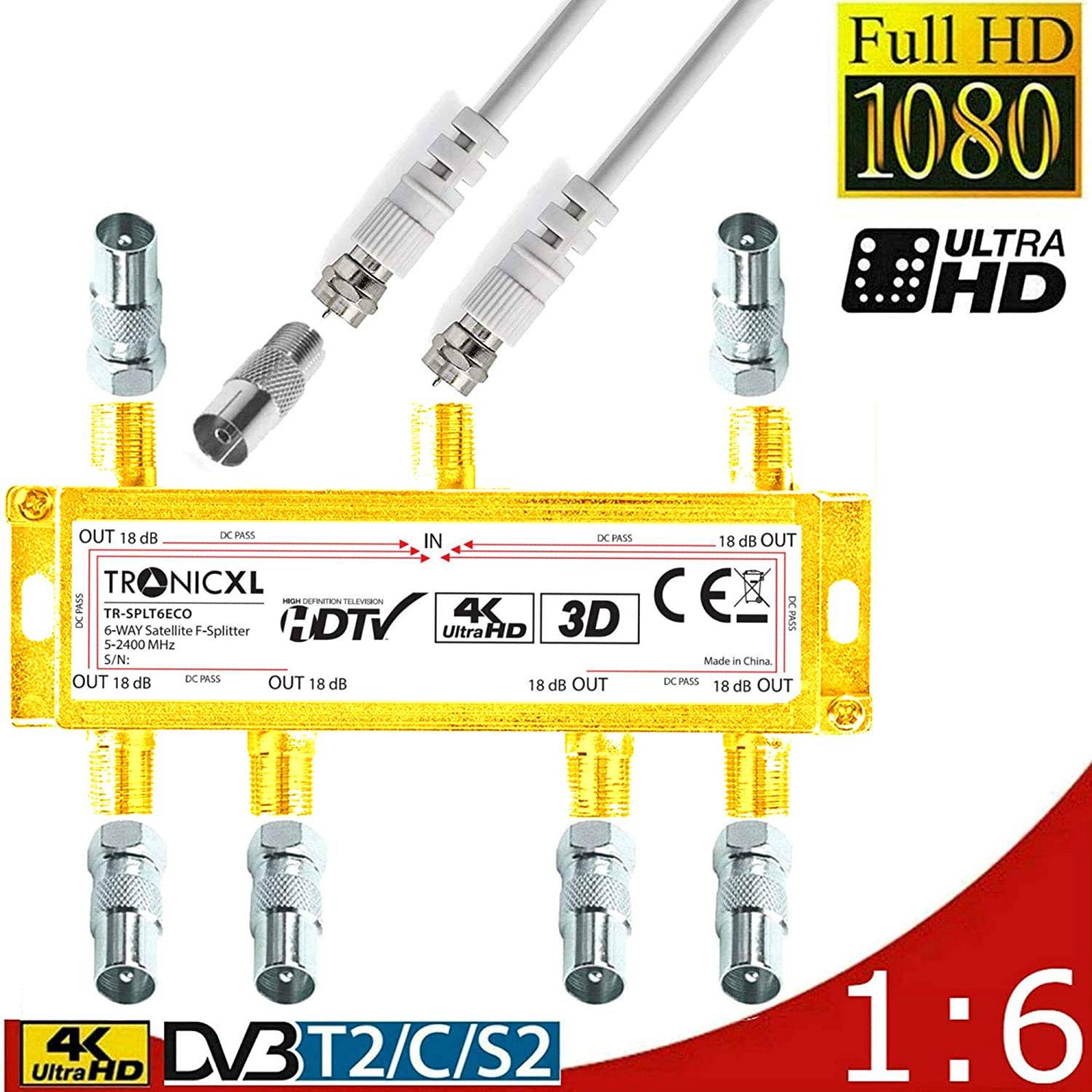 4K 6fach Antennenverteiler Signalteiler 3D / HD IEC Verteiler TV 6-fach Sat Splitter DVBT2 für Fernseher Kabelfernsehen