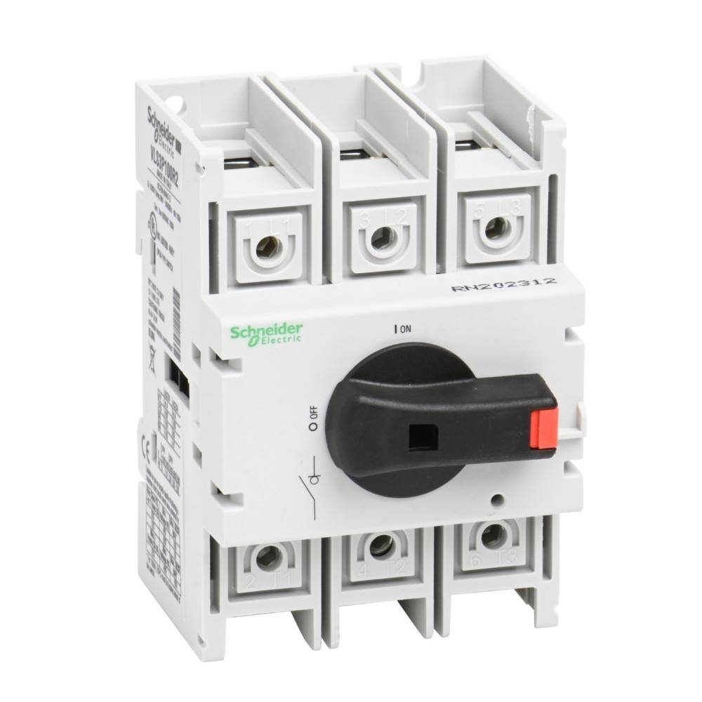 Ein dreiphasiger Drehschalter mit einem schwarzen und roten Griff in der 'AUS'-Position von Schneider Electric. Verwendet zur elektrischen Schaltungssteuerung.