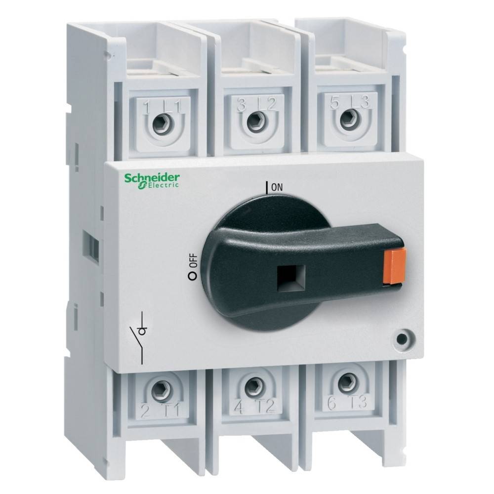Ein grauer Schneider Electric-Schalter mit einem schwarz-orangen Griff ist auf ‚AUS' gestellt. Er verfügt über nummerierte Anschlüsse an Ober- und Unterseite.