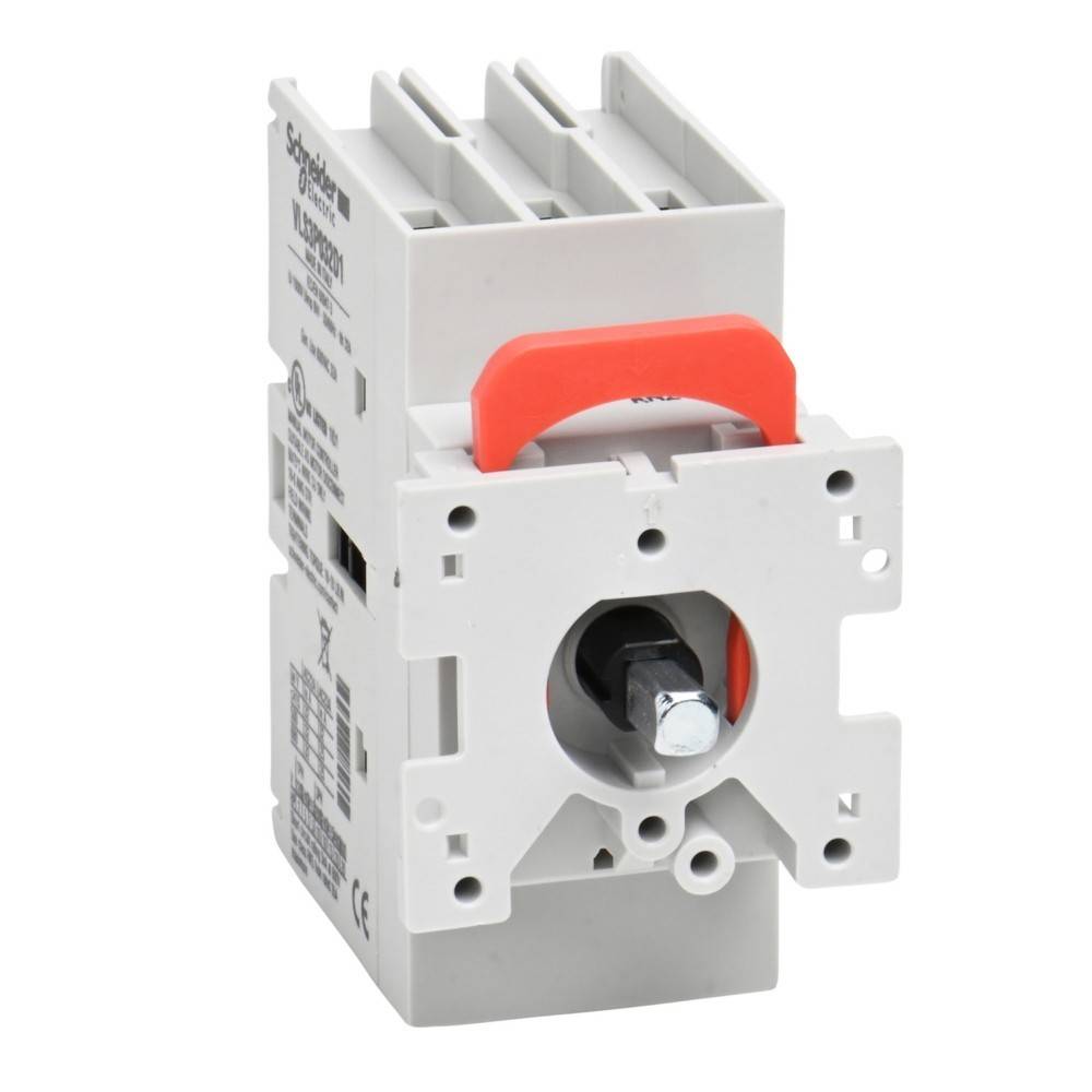 Eine weiße elektronische Schaltgerätekomponente mit einem roten Hebel, die zur Steuerung elektrischer Schaltkreise verwendet wird, in Frontansicht dargestellt.