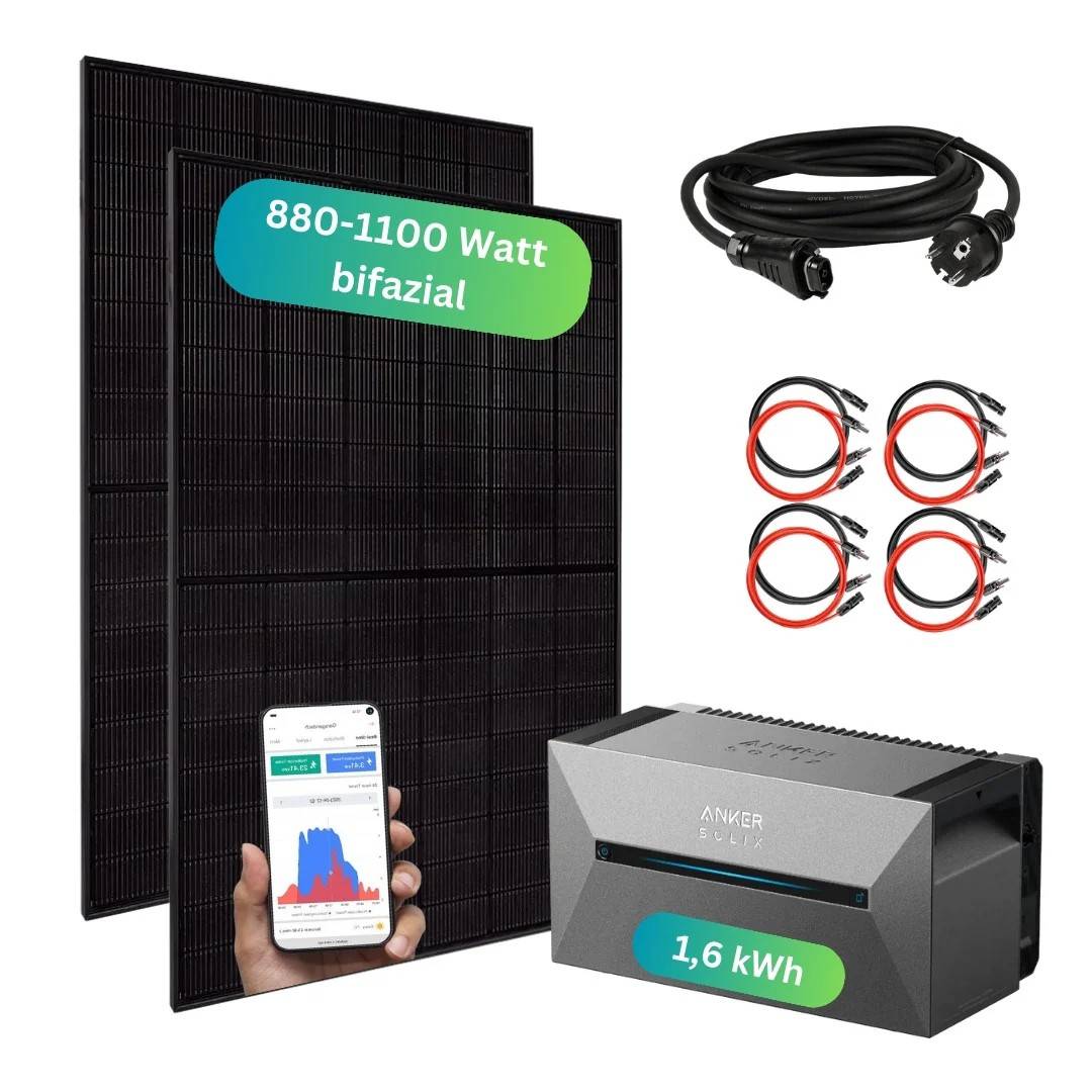 MYVOLTAICS Balkonkraftwerk 880+ Watt mit Speicher Anker SOLIX Solarbank 2 Pro (1,6 kWh), Aufständerung 20° für Flachdach