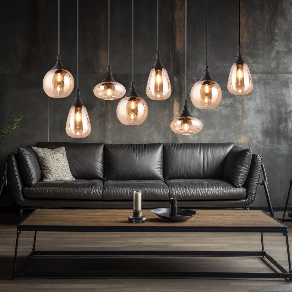 Pendelleuchte Glas 8 flammig Esstischlampe schwarz Hängeleuchte Esszimmer Glas amber, unterschiedliche Lampenschirme, 8x E14, LxH 121x150 cm