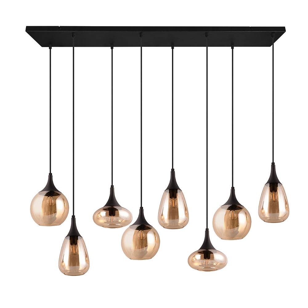 Pendelleuchte Glas 8 flammig Esstischlampe schwarz Hängeleuchte Esszimmer Glas amber, unterschiedliche Lampenschirme, 8x E14, LxH 121x150 cm