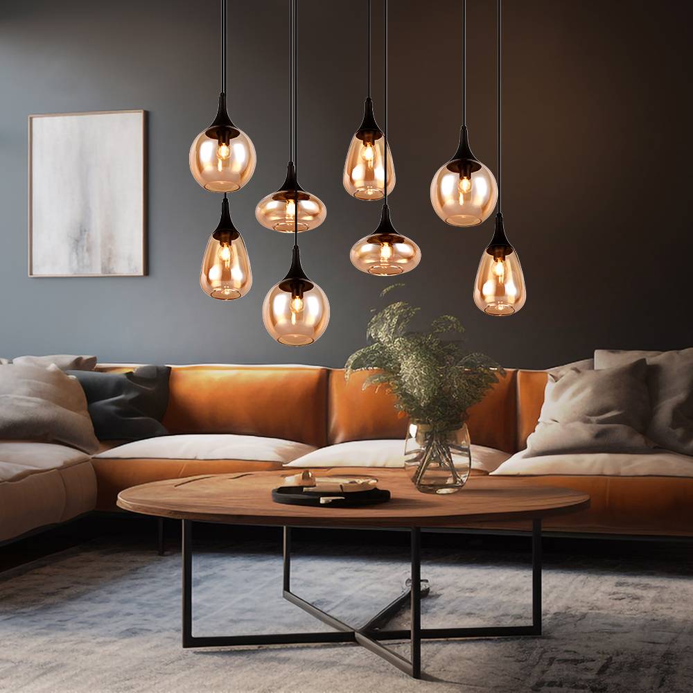 Pendelleuchte Glas 8 flammig Esstischlampe schwarz Hängeleuchte Esszimmer Glas amber, unterschiedliche Lampenschirme, 8x E14, LxH 121x150 cm