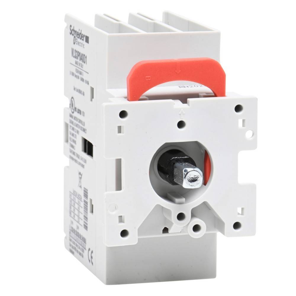 Ein weißer und roter Rotationsschalter mit mehreren Anschlüssen, beschriftet mit Produktdetails von Schneider Electric, der zur Steuerung elektrischer Schaltkreise verwendet wird.