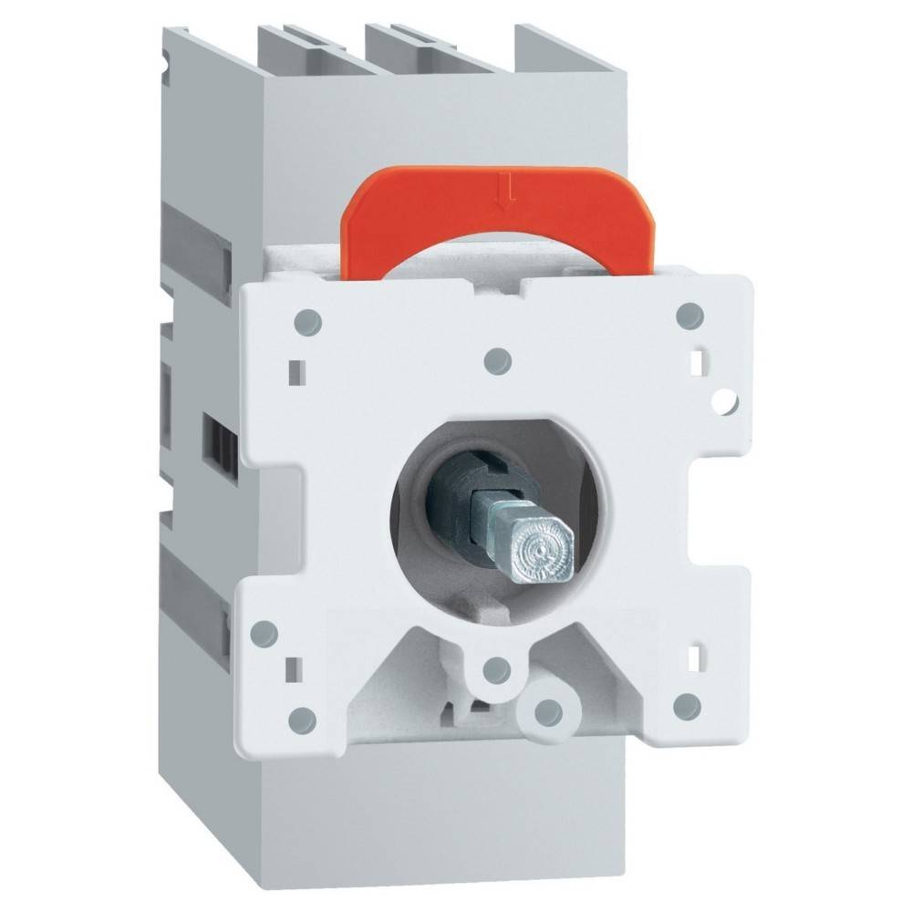 Weiß-graue elektrische Komponente mit einem zentralen Rotationsmechanismus und einem roten Griff, konzipiert für Steuerungs- und Schaltanwendungen.