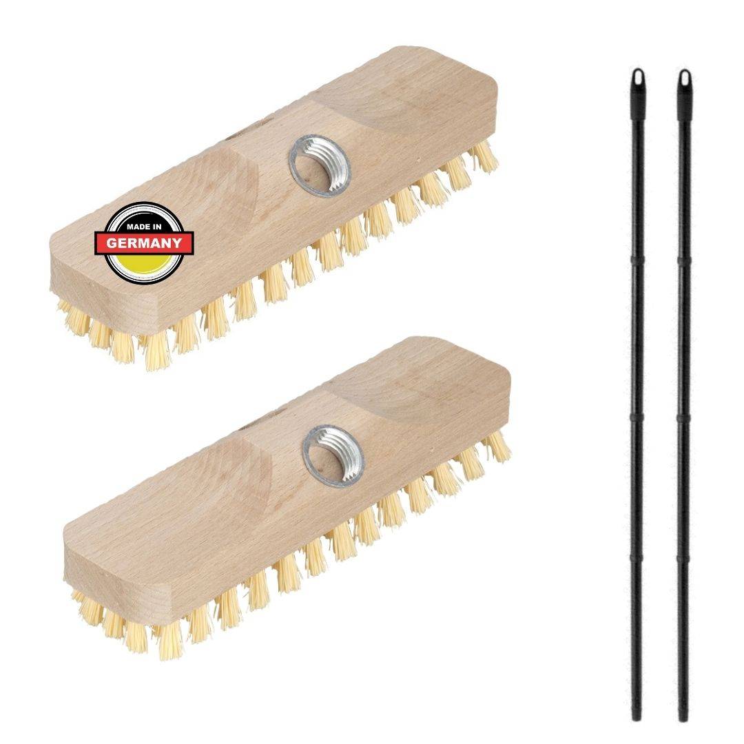 Novaliv 2x hOLZ Wischer mit Kunststoff Borsten mit Gewinde und Steckstiel vierteilig - PPN Boden-Bürste Ideal für Reinigung von Balkon Terrasse Gart