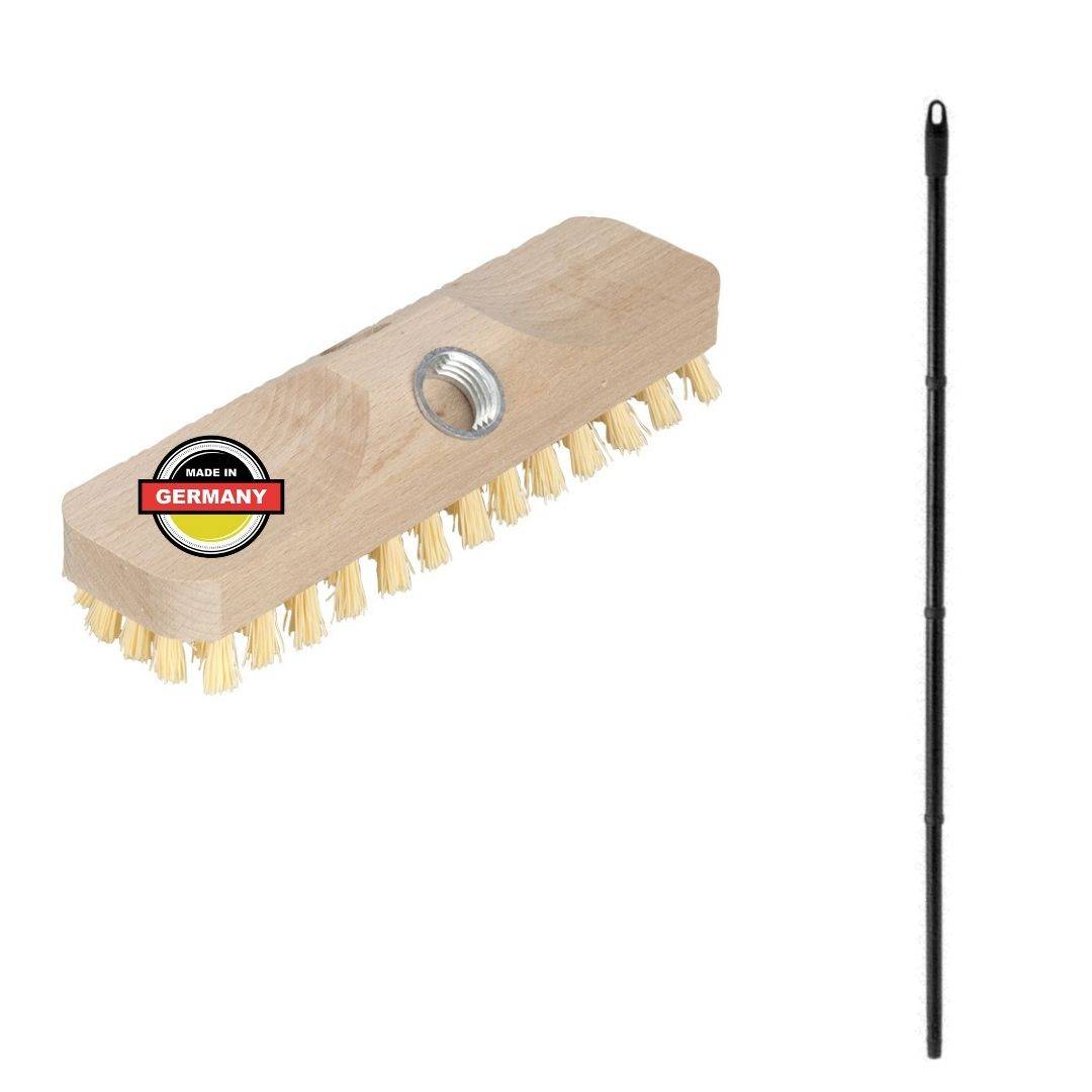 Schrubber aus Holz mit Borsten Wischer mit Gewinde und Steckstiel vierteilig - Scheuerbürste PPN Boden-Bürste Ideal für Reinigung von Balkon Terras
