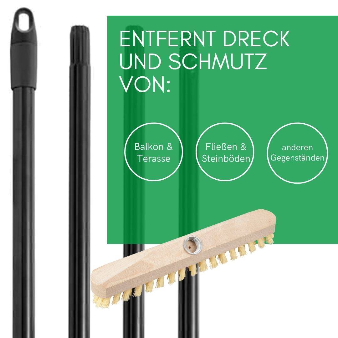 Schrubber aus Holz mit Borsten Wischer mit Gewinde und Steckstiel vierteilig - Scheuerbürste PPN Boden-Bürste Ideal für Reinigung von Balkon Terras