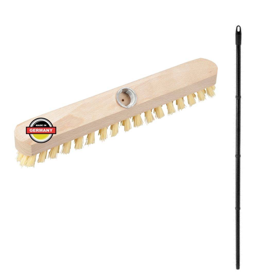 Schrubber aus Holz mit Borsten Wischer mit Gewinde und Steckstiel vierteilig - Scheuerbürste PPN Boden-Bürste Ideal für Reinigung von Balkon Terras