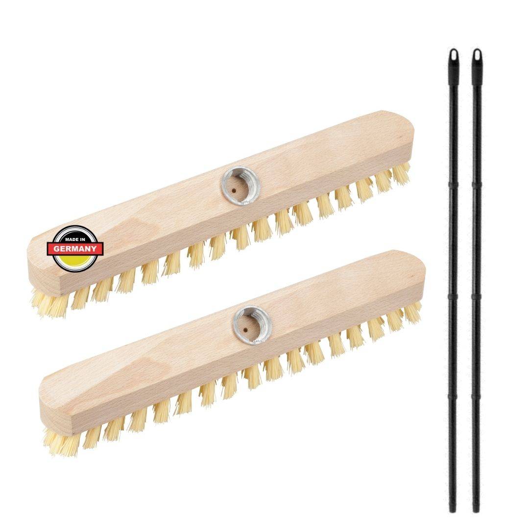 Novaliv 2x Wischer aus Holz mit Kunststoff-Borsten mit Gewinde und Steckstiel vierteilig - PPN Boden-Bürste Ideal für Reinigung von Balkon Terrasse