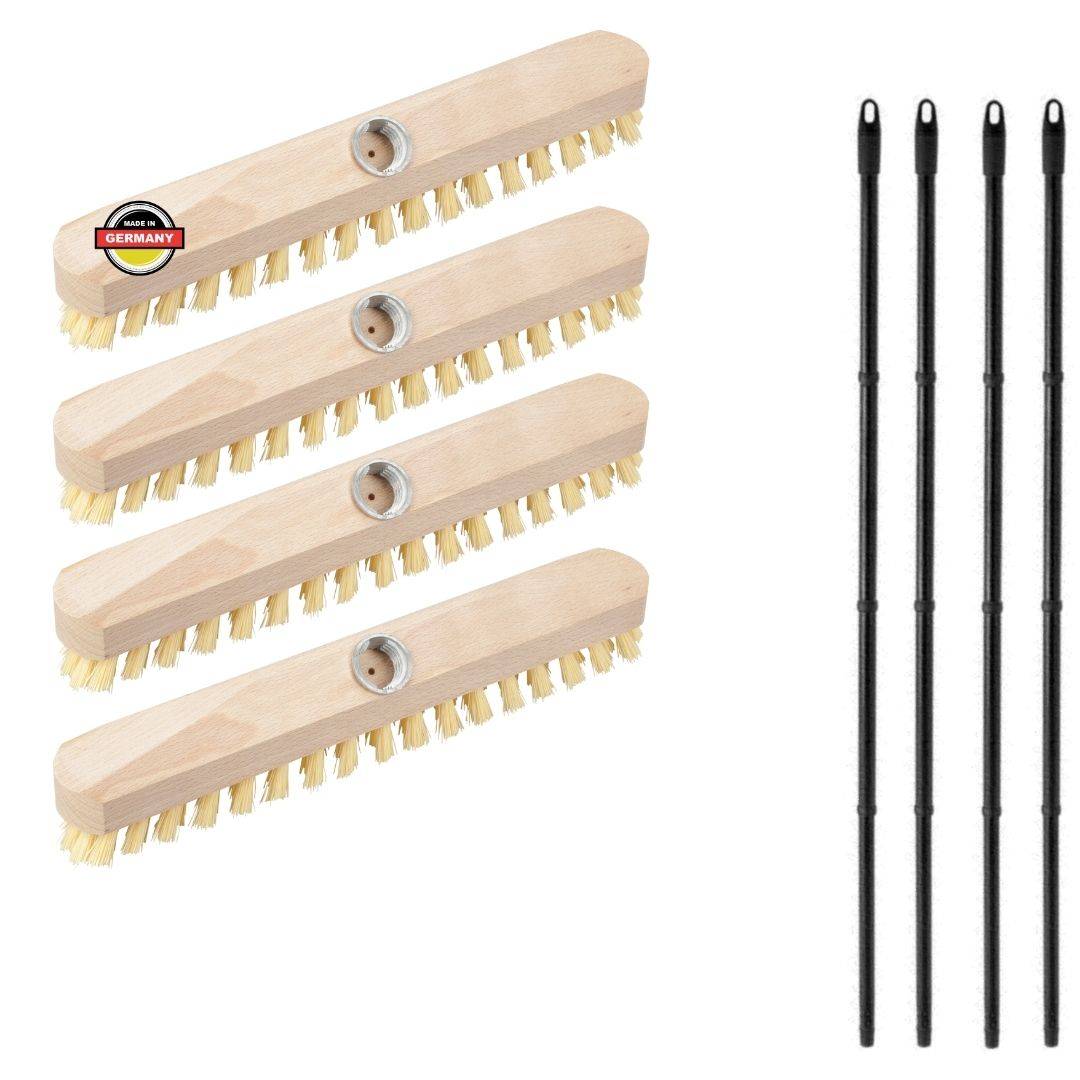 Novaliv 4x Scheuerbürste aus Holz mit PPN Borsten mit praktischen Steckstielen vierteilig- Wischer mit Gewinde robuste Scheuerbürsten Boden-Bürste
