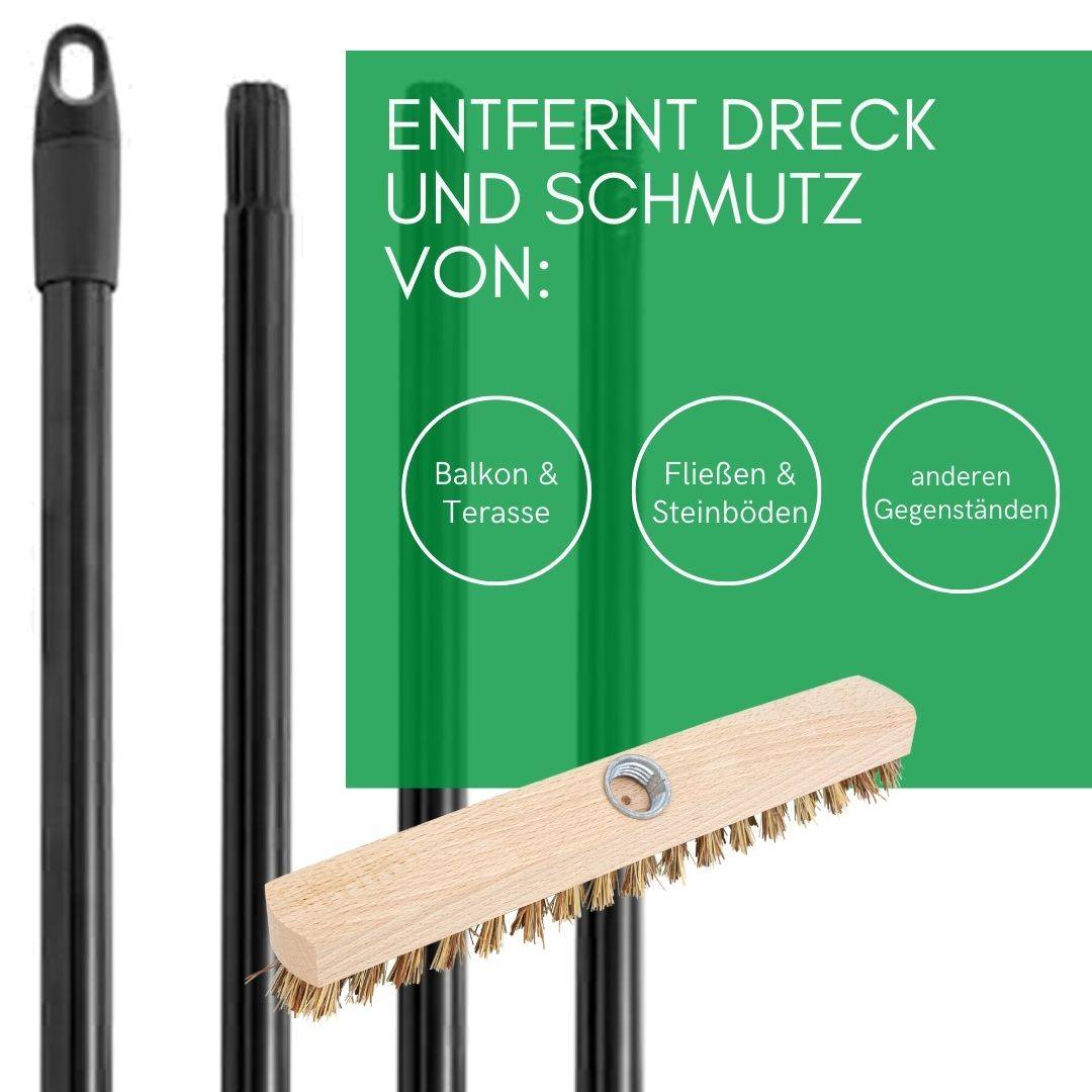 Schrubber aus Holz mit Borsten Wischer mit Gewinde und Steckstiel vierteilig - Scheuerbürste Union Boden-Bürste Ideal für Reinigung Balkon Terrasse