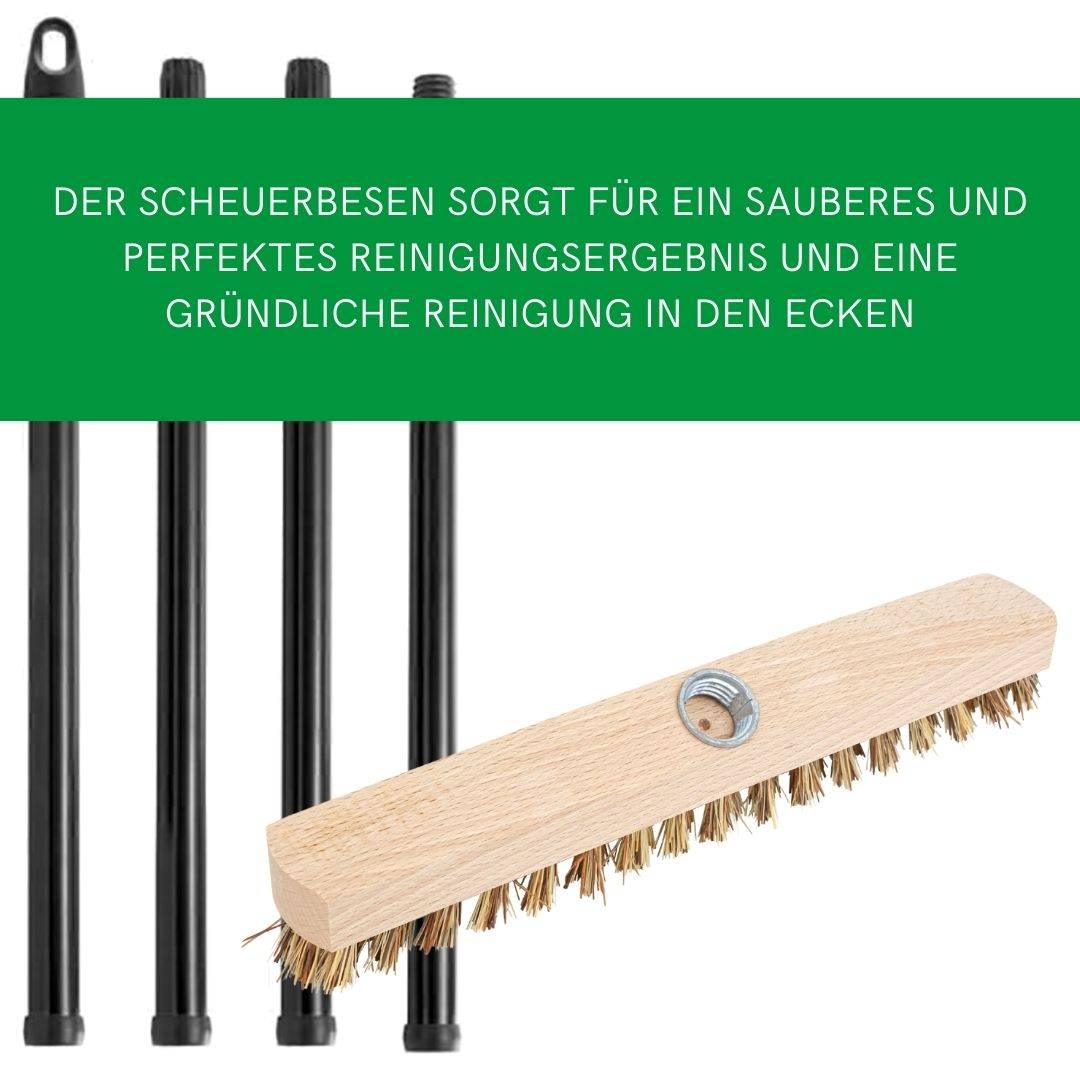 Novaliv 4x Schrubber aus Holz mit Union Borsten und Steckstiel vierteilig - Wischer mit Gewinde Scheuerbürste Boden-Bürstewurzelbürste Innen- Auße