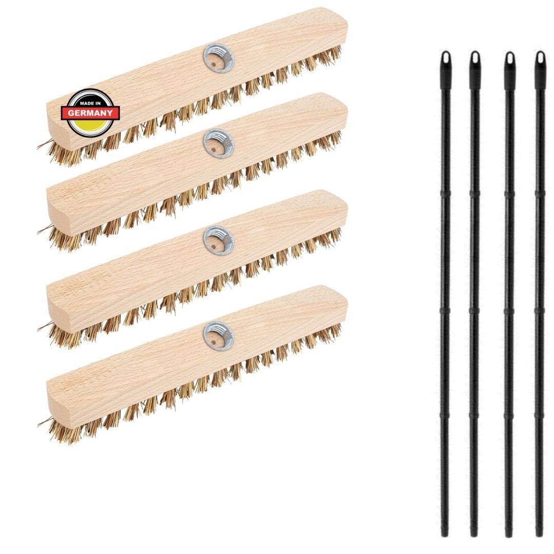 Novaliv 4x Schrubber aus Holz mit Union Borsten und Steckstiel vierteilig - Wischer mit Gewinde Scheuerbürste Boden-Bürstewurzelbürste Innen- Auße