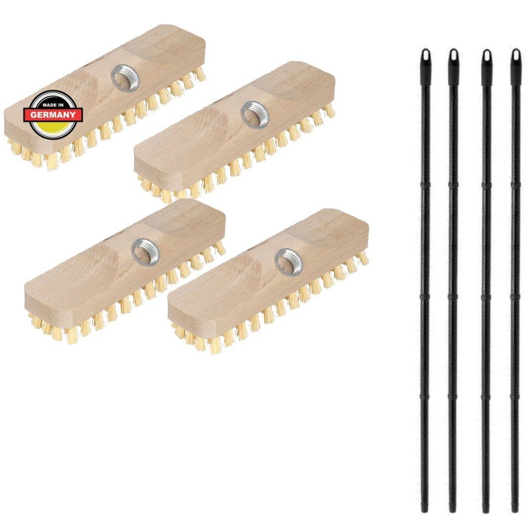 Novaliv 4x Scheuerbürste aus Holz mit PPN Borsten mit praktischen Steckstielen vierteilig - Wischer mit Gewinde robuste Scheuerbürsten Boden-Bürste