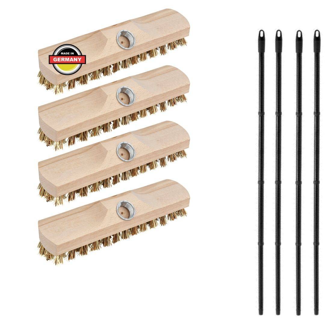 Novaliv 4x Schrubber aus Holz mit Union Borsten und Steckstiel vierteilig - Wischer mit Gewinde Scheuerbürste Boden-Bürste Indoor Outdoor Besen wurz