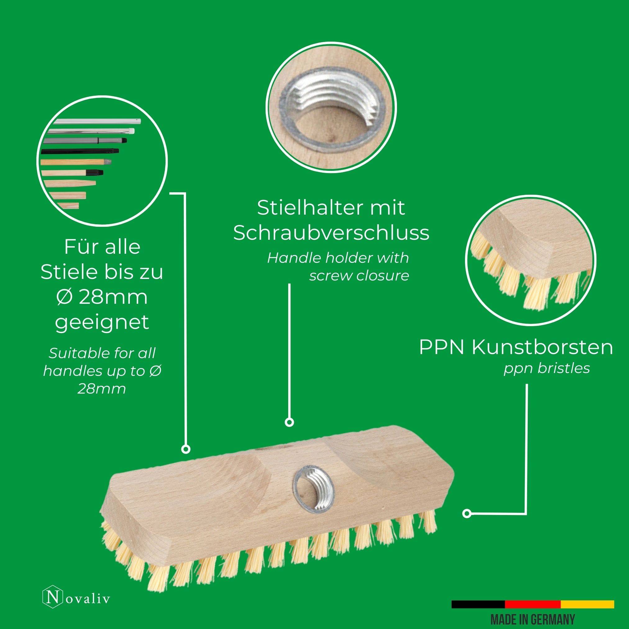 Schrubber aus Holz mit Borsten Wischer mit Gewinde und Schraub- Steckstiel vierteilig Scheuerbürste PPN Boden Bürste Ideal für Reinigung von Balkon